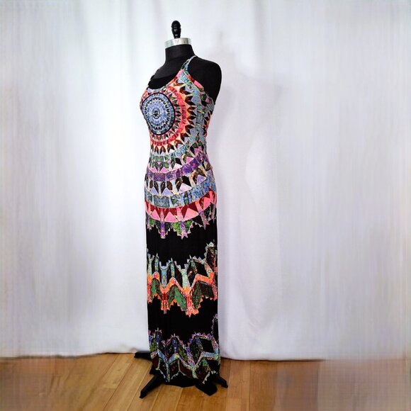 Beachy Mesh Mandala Print Bohemian Long Maxi Beach Boho Dress Semi-sheer Sz M - Picture 6 of 16